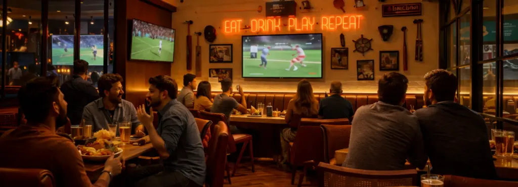 Sports bar with big screen setup at The Studs indoor